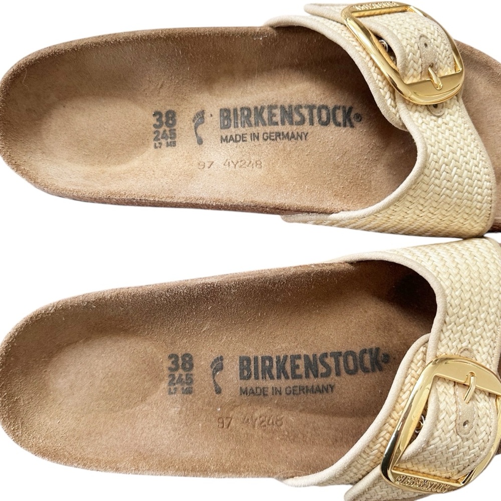 Birkenstock Cream Raffia Single-Strap Slide Sandals with Gold Buckle Detail. - Picture 9 of 13